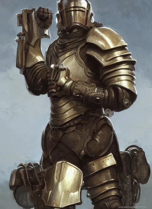 Prompt: medium-length portrait of a male paladin with short curly hair and a salt-and-pepper beard, dark brown skin, happy expression, wears a suit of power armor, magitech, medieval setting, highly detailed, digital painting, artstation, concept art, sharp focus, illustration, art by greg rutkowski and alphonse mucha