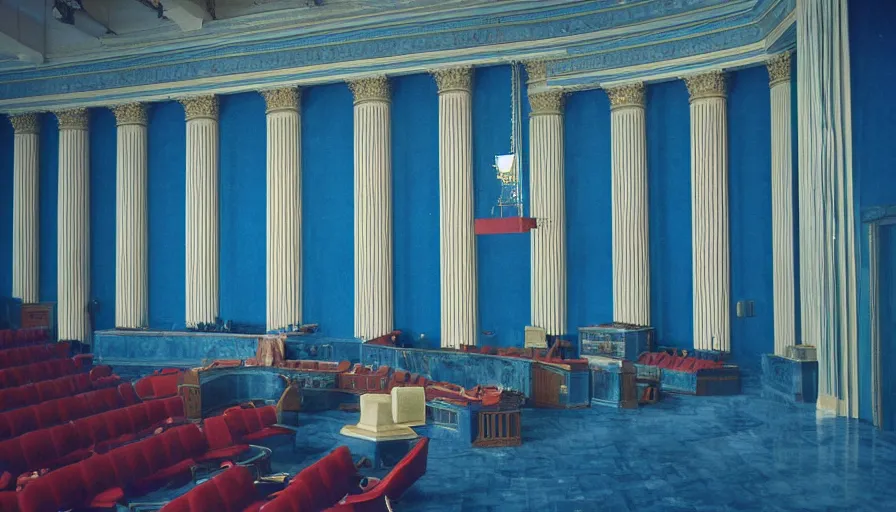 Image similar to 60s movie still of a sovietic stalinist style empty blue palace of congress, cinestill 800t 50mm eastmancolor, liminal Space style, heavy grain-s 150