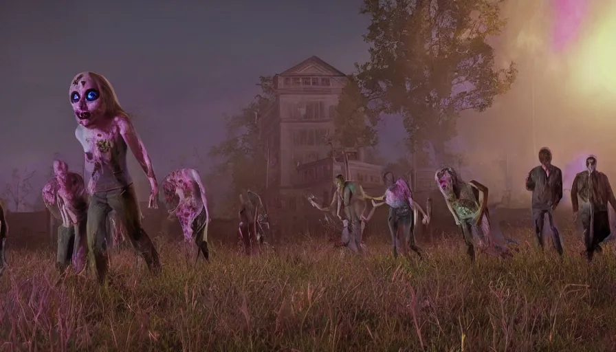 Image similar to night of the living dead by lisa frank's. rotting corpse, zombies, octane render, unreal 5 8 k depth of field, highly - detailed,