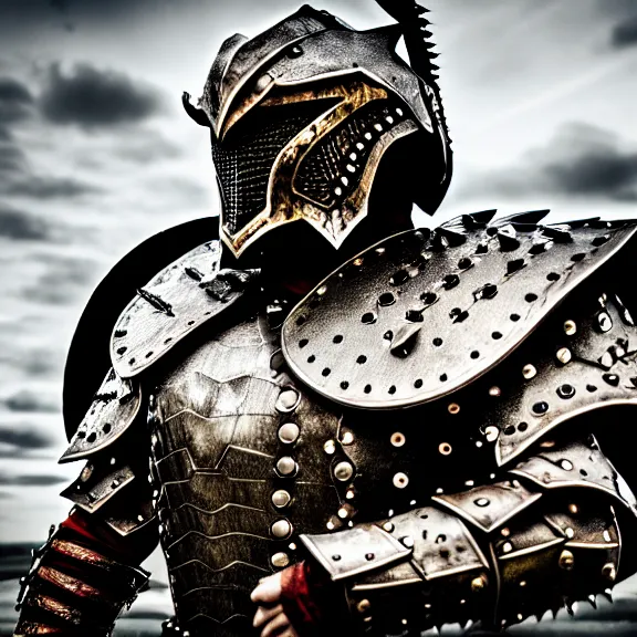 Prompt: photo of a warrior with metal crocodile theme armour, 4 k, hdr, smooth, sharp focus, high resolution, award - winning photo