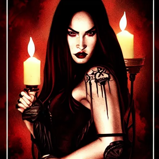 Image similar to megan fox witch queen, black eyes, blood, full body, intricate victorian dress, cinematic lighting, symmetrical eyes, rafael albuquerque, charlie bowater, frank frazetta, moody lighting, candles