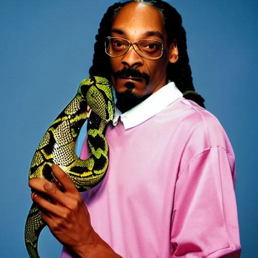 Image similar to Snoop Dogg holding a snake for a 1990s sitcom tv show, Studio Photograph, portrait, C 12.0