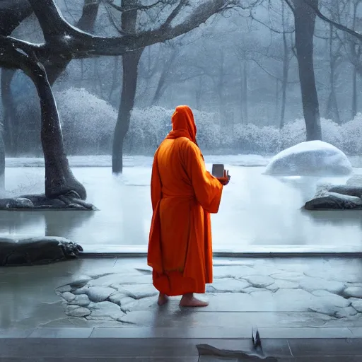 Image similar to anthropomorphic bipedal hippopotamus humanoid wearing saffron robe by greg rutkowski, water temple, winter, fantasy