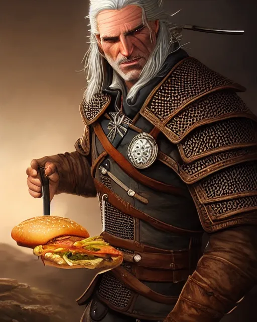 Image similar to portrait of geralt of rivia eating a big hamburger, fantasy, intricate, elegant, highly detailed, digital painting, artstation, concept art, smooth, sharp focus, illustration, by artgerm and greg rutkowski