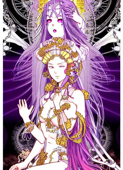 Prompt: highly detailed terada katsuya minaba hideo legend of the cryptids atrstation manga poster of princess mechine, face by aregerm, rainbow gradient reflection, long hair, armor, dress, laces, ruffles, 8 k, maximalist, alphonse mucha