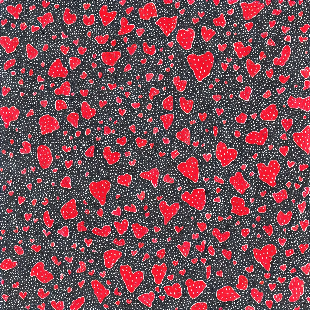 Image similar to camo made of strawberries, smiling, abstract, rei kawakubo artwork, cryptic, dots, stipple, lines, splotch, color tearing, pitch bending, color splotches, hearts, dark, ominous, eerie, minimal, points, technical, old painting