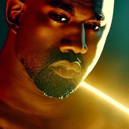 Image similar to Portrait of Kanye West as a god, splash art, cinematic lighting, dramatic, octane render, long lens, shallow depth of field, bokeh, anamorphic lens flare, 8k, hyper detailed, 35mm film grain