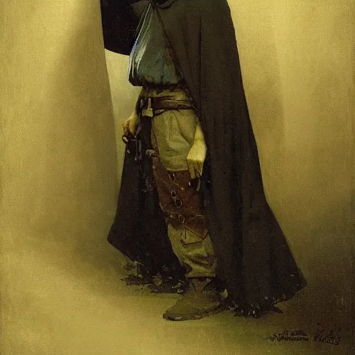 Image similar to portrait of a small pale cowardly man wearing dark hood, fantasy artwork, frightened look, high fantasy, by karl spitzweg