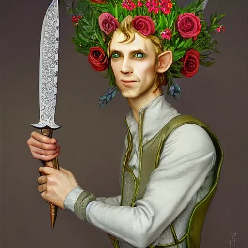 Prompt: portrait of a male fantasy elf holding a sharp wicked dagger stiletto knife. he wears a crown of flowers. baroque portrait, 8k ultra HD, by esao andrews