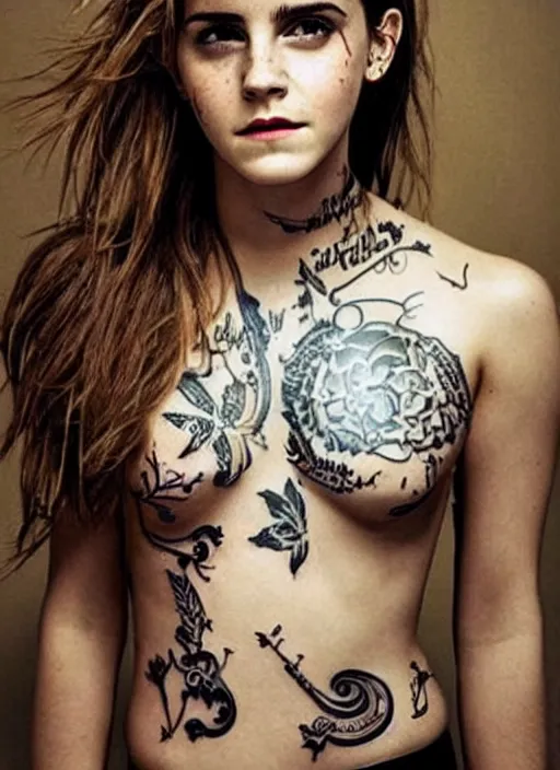 Image similar to emma watson, dope tattoo, hyperrealistic