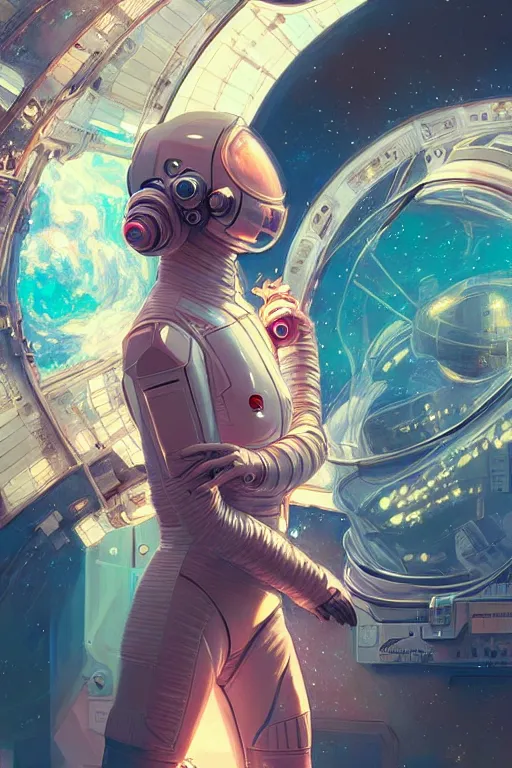 Image similar to portrait armored astronaut girl, floating on spaceship command room viewing galaxy, ssci-fi neon light and fantasy, intricate and very very beautiful and elegant, highly detailed, digital painting, artstation, concept art, smooth and sharp focus, illustration, art by tian zi and WLOP and alphonse mucha