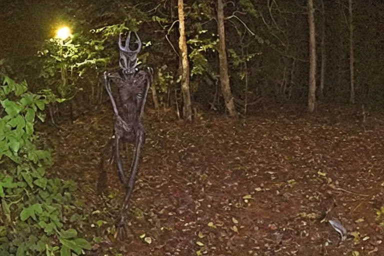 Image similar to low quality trailcam footage of a wendigo in a backyard, at night