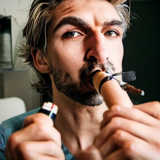 Image similar to a closeup photo of handsome gigachad xqc smoking a cigar