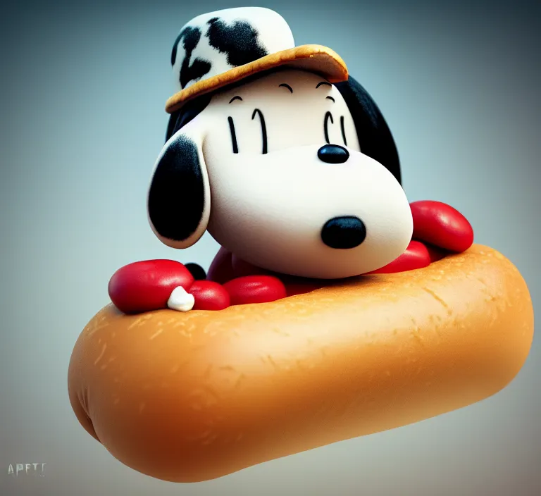 Prompt: snoopy laying in a hot dog bun, intricate, elegant, beige mist, picnic blanket, product shot, macro, highly detailed, dramatic lighting, perfect symmetrical face, sharp focus, octane render, trending on artstation, artstationhd, artstationhq, unreal engine, 4 k, 8 k
