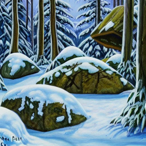 Prompt: Painting of prehistoric shamanic riverside burial site surrounded by snow topped ferns