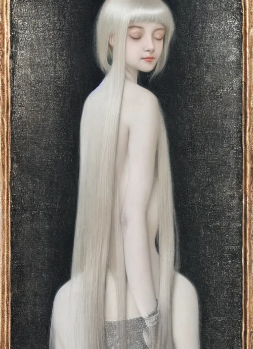 Prompt: thin young beautiful angel with silver hair so long, pale!, wearing silver hair, silver angel wings, young adorable korean face, silver hair!!, oil on canvas, style of fernand khnopff, 4 k resolution, aesthetic!,