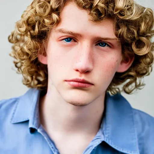 Image similar to close up of 1 8 year old man with wavy / curly light blonde hair, blue eyes, pale complexion, wearing 1 9 5 0 s clothing, 8 5 mm f / 1. 4