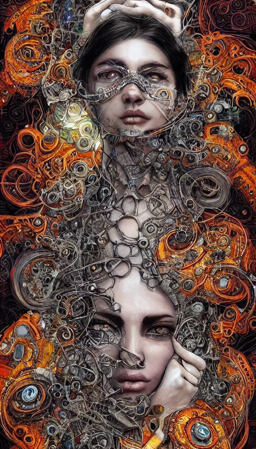 Prompt: beautifully stunning stonepunk woman_integrating_with_technology_full_face_insipiring_detailed_intricate_ornate_cables_connected_to_head_big_open_electric_eyes_ the_singulairty is now by android jones