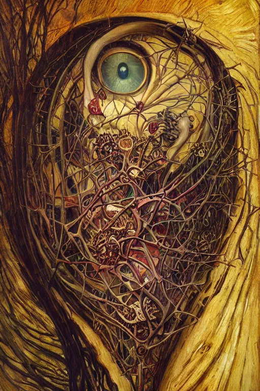 Image similar to Heart of Thorns by Karol Bak, Jean Deville, Gustav Klimt, and Vincent Van Gogh, anatomical heart, sacred heart, Surreality, otherworldly, infernal enigma, Helliquary, fractal structures, celestial, arcane, ornate gilded medieval icon, third eye, spirals, dramatic sharp thorns, rich deep moody colors