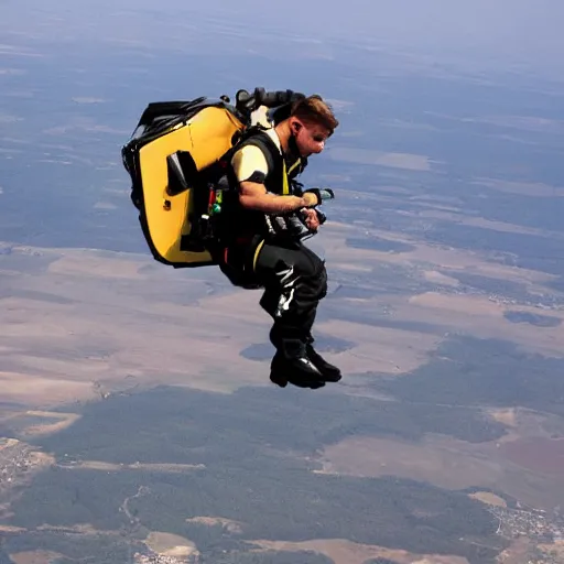 Prompt: a full body photo of a man flying with a jetpack