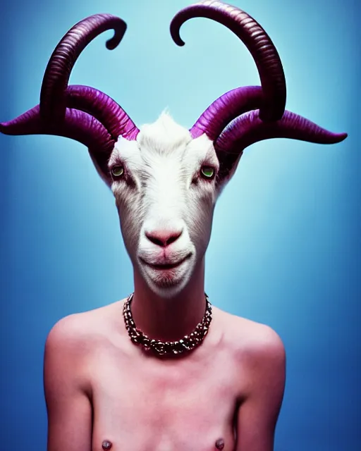 Prompt: natural light, soft focus portrait of a cyberpunk anthropomorphic goat with soft synthetic pink skin, blue bioluminescent plastics, smooth shiny metal, elaborate ornate head piece, piercings, skin textures, by annie leibovitz, paul lehr