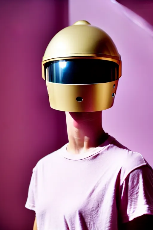 Prompt: a high definition film photograph of a normal androgynous robot human wearing a plain white t - shirt, in a pastel pink room. happy. metal visor covering eyes. reflective gold coloured helmet. crushed shadows.