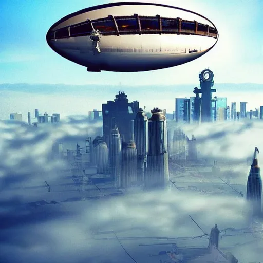 Image similar to a flying city in a blimp in the sky over the clouds, in the bottom there a lot of fog, steampunk