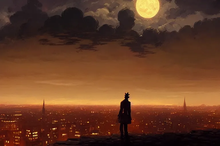 Image similar to a monster silhouette in the sky above a victorian city, scene in a rainy night. full moon, 1 8 9 0, key visual, conceptart, ambient lighting, highly detailed, digital painting, artstation, concept art, sharp focus, by makoto shinkai and akihiko yoshida and greg manchess