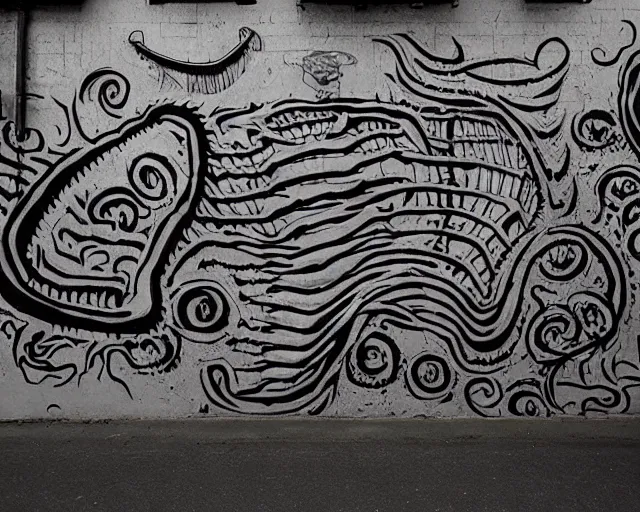 Image similar to a wall that has some lovecraftian graffiti on it inspired by wretched dragon rib cage.