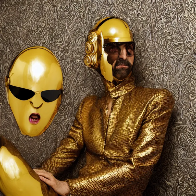 Prompt: high fashion photoshoot octane render portrait by wayne barlow and carlo crivelli and glenn fabry, a dignified older italian techno musician wearing a massive shiny reflective gold and glass and digital displays helmet and a colorful patterned latex suit, sitting in a charming vintage upscale bohemian elegant boutique hotel with beautiful wallpaper, very short depth of field, bokeh