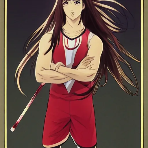 Image similar to badminton player, trading card front, anime style, long hair, hair down, symmetrical facial features, hanebado, hyper realistic, pale skin, 4 k, rule of thirds, extreme detail, detailed drawing, trending artstation, hd, fantasy, d & d, realistic lighting, by alphonse mucha, greg rutkowski, sharp focus, backlit