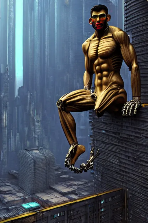 Prompt: high quality 3 d render brutalist cyborg! muscular man monkey blue hybrid sitting, gold madhubani, highly detailed, cyberpunk!! mumbai in the background, unreal engine cinematic smooth, szukalski & blade runner, moody light, low angle, uhd 8 k, sharp focus