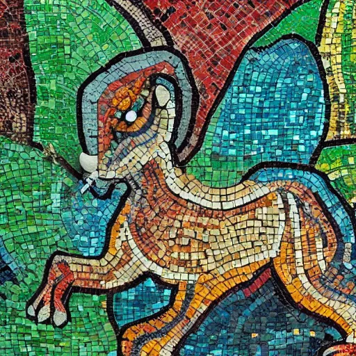 Image similar to garden containing very colorful textured variegated mosaic sculpture of a chimera, in the style of folk art