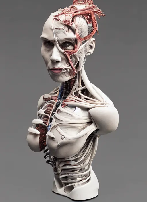 Prompt: a bust sculpture of anatomical female detailed cyborg, veins, become human, ceramic base, orthographic, studio lighting
