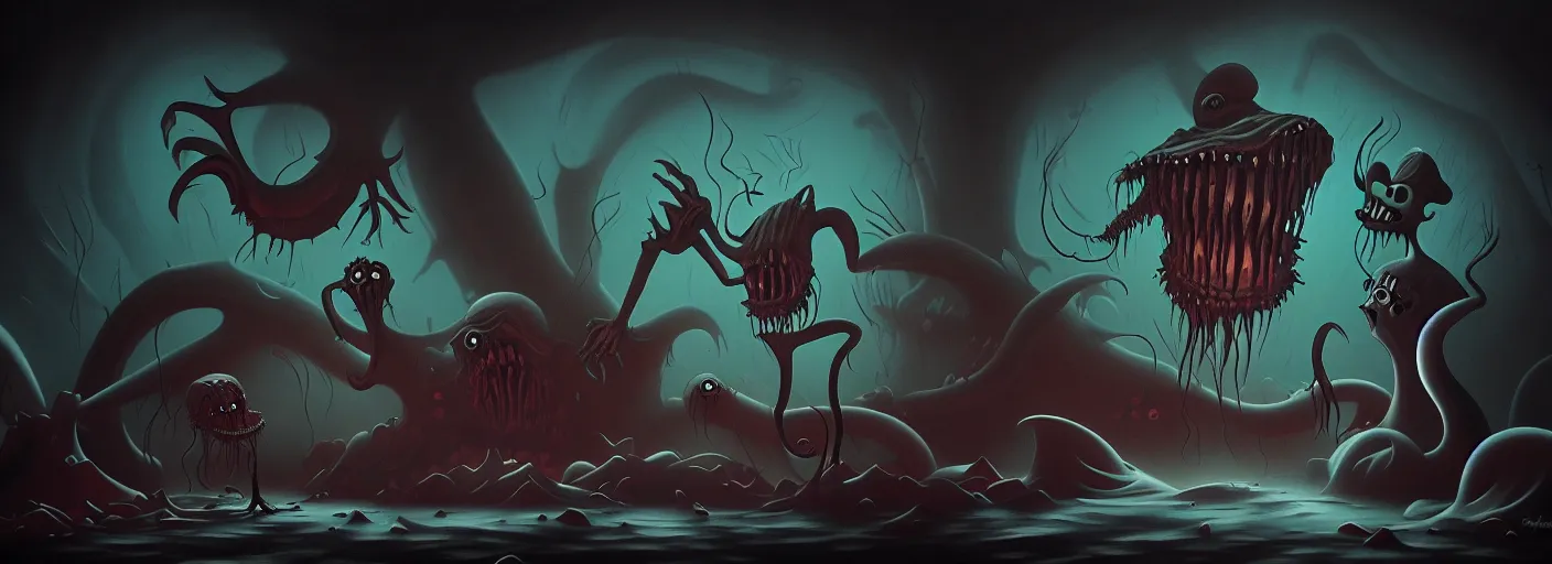 Prompt: uncanny monsters from the depths of the collective unconscious, dramatic lighting, surreal dark fleischer cartoon characters, surreal dark muted painting by ronny khalil