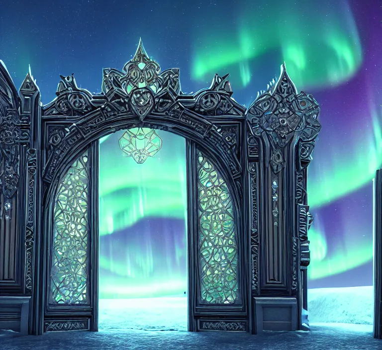 Prompt: a very detailed concept art of intricate gates to aurora borealis, trending on artstation, symmetry, digital art, 4 k, hyper realistic, octane render, sharp focus