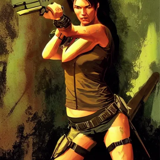 Image similar to Ricky Gervais as Lara Croft (tomb raider, 1996), full body portrait by Karol Bak, Syd Mead and Raphael Lacoste, rich colors, neon digital art