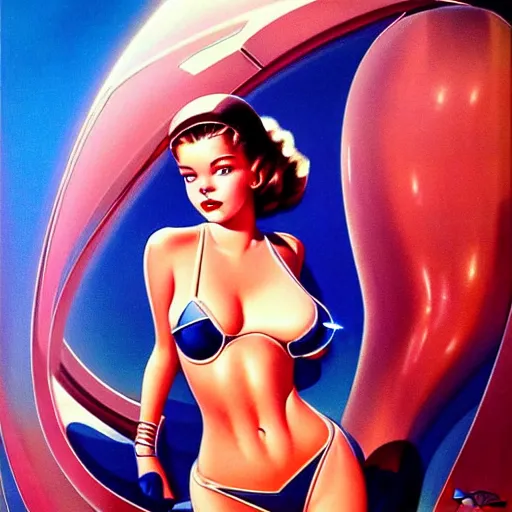 Image similar to traditional 1 9 5 0's barbara palvin in a futuristic space, blue sky art by peter lloyd, 1 9 8 0's art, airbrush style, art by hajime sorayama,, intricate, elegant, sharp focus, illustration, highly detailed, concept art