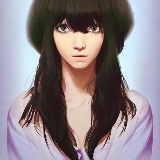 Image similar to Character portrait of a young beautiful woman in a lush park, beautiful face, long dark hair with bangs, highly detailed, cel shading, Studio Ghibli still, by Ilya Kuvshinov and Akihiko Yoshida