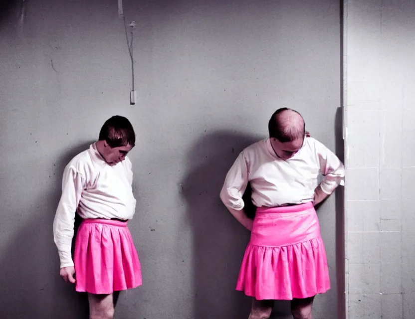 Prompt: photo a man in a short pink skirt, in jail, dirty room, lattice