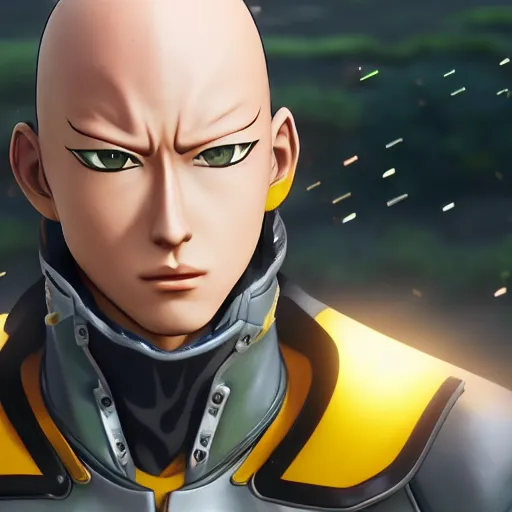 Image similar to a portrait of saitama as a genshin impact character, ingame shot from genshin impact, wet reflections, unreal engine 5, intricate details, fantasy, hyper realism, humongous view, rtx, smooth, cinematic