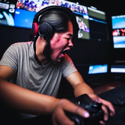 Prompt: Photo of Genghis Khan as a Twitch streamer, wearing a headset, playing video games, close-up, raging, screaming at screen high detail, studio, 85mm Sigma Art Lens