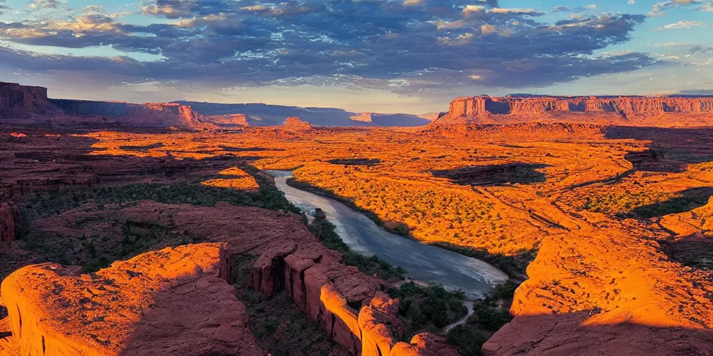 Image similar to “a river bend running through a canyon surrounded by desert mountains at sunset, moab, utah, a tilt shift photo by Frederic Church, trending on unsplash, hudson river school, photo taken with provia, national geographic photo”