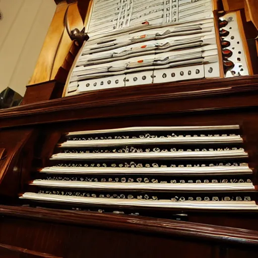 Prompt: photo of an organ with 1 0 sets of keys