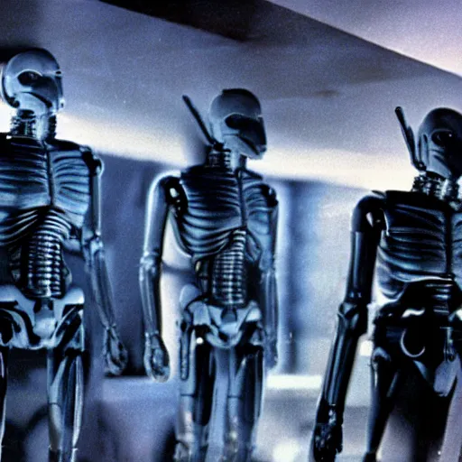 Image similar to movie still, 1 9 8 0 s, androids, hyperdetailed, by ridley scott and john carpenter, blue leds