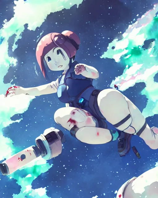 Image similar to oriental water color of a cute thicc damaged zombie astronaut woman, floating through space, backlit, by makoto shinkai and krenz cushart