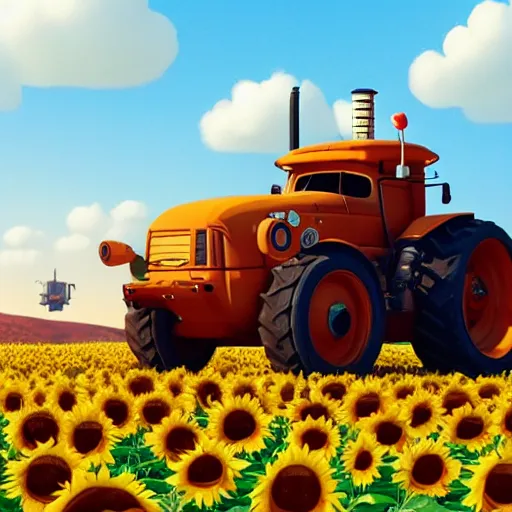 Prompt: a cute tractor in a sunflower field towing a russian tank by goro fujita, 3 d octane render, 8 k, trending on artstation, hyper detailed, cinematic