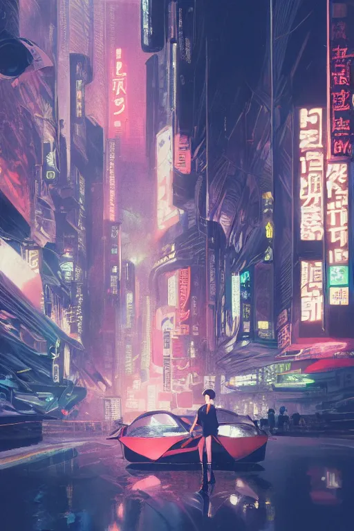 Prompt: Cinestill 800t, 8K, highly detailed, syd mead seinen manga 3/4 extreme closeup portrait, eye contact, focus on blade runner dress model, tilt shift zaha hadid style anime background: famous syd mead anime remake, pond scene