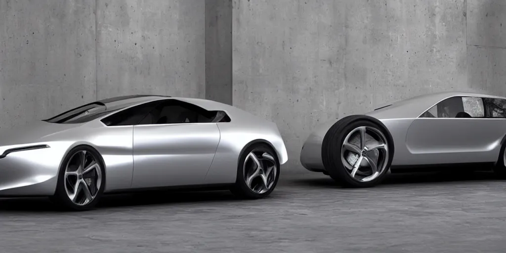 Prompt: a futuristic minimal silver sports car sedan designed by Apple, Jonny I’ve and Steve Jobs.