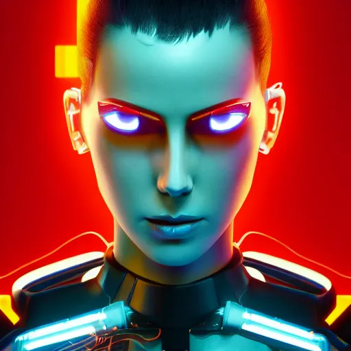Prompt: centered portrait of a cyborg, in the style of Cyberpunk 2099, sci fi character concept, science fiction, technology, futuristic, entropism, kitsch, neomilitarism, medium shot, symmetrical face, elegant pose, illustration, slender, cinematic lighting, hyperdetailed, cgsociety, 8k, high resolution, single face, insanely detailed and intricate, octane render, golden ratio, vfx, postprocessing, Syd Mead, Masamune Shirow,
